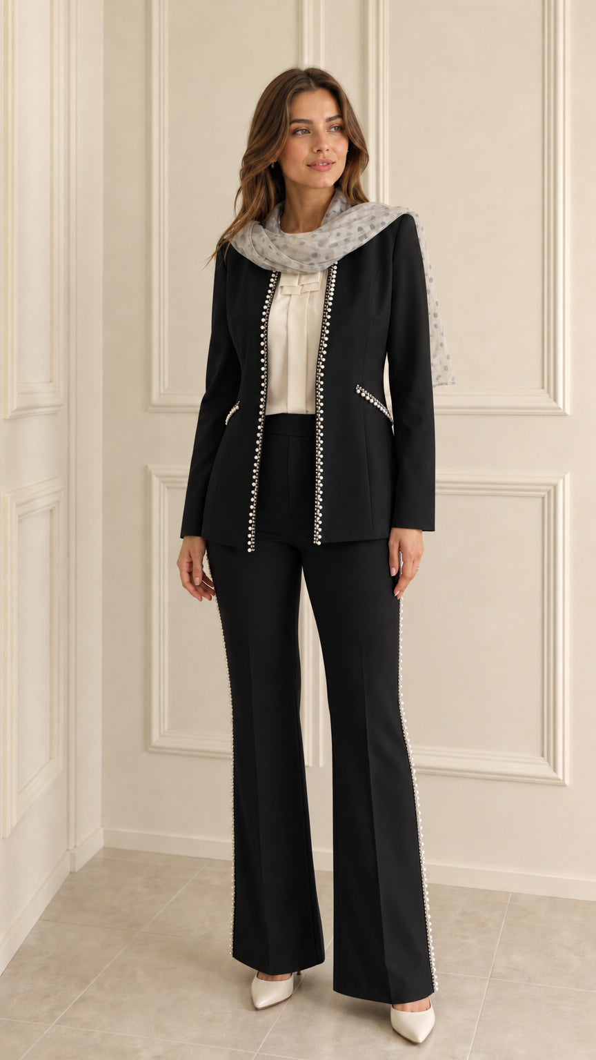 Black pearl trimmed open front blazer and flared trousers suit set