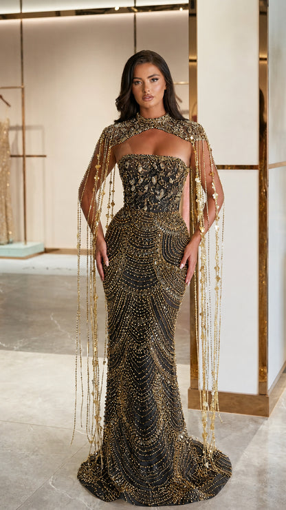 Black and gold embellished mermaid evening dress with beaded capelet