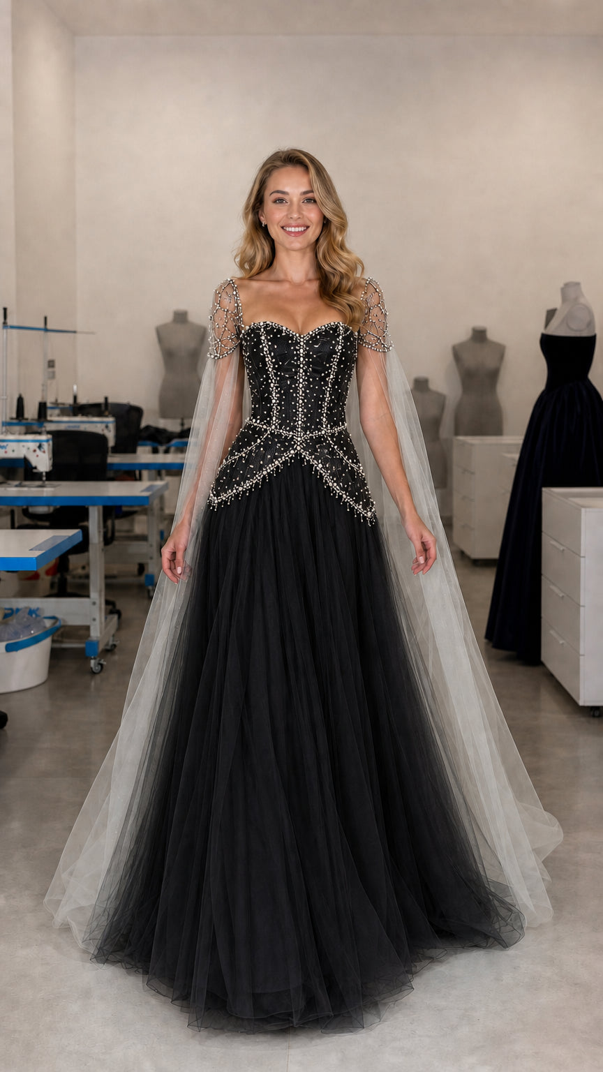 Front view of black beaded corset tulle evening gown with cape sleeves