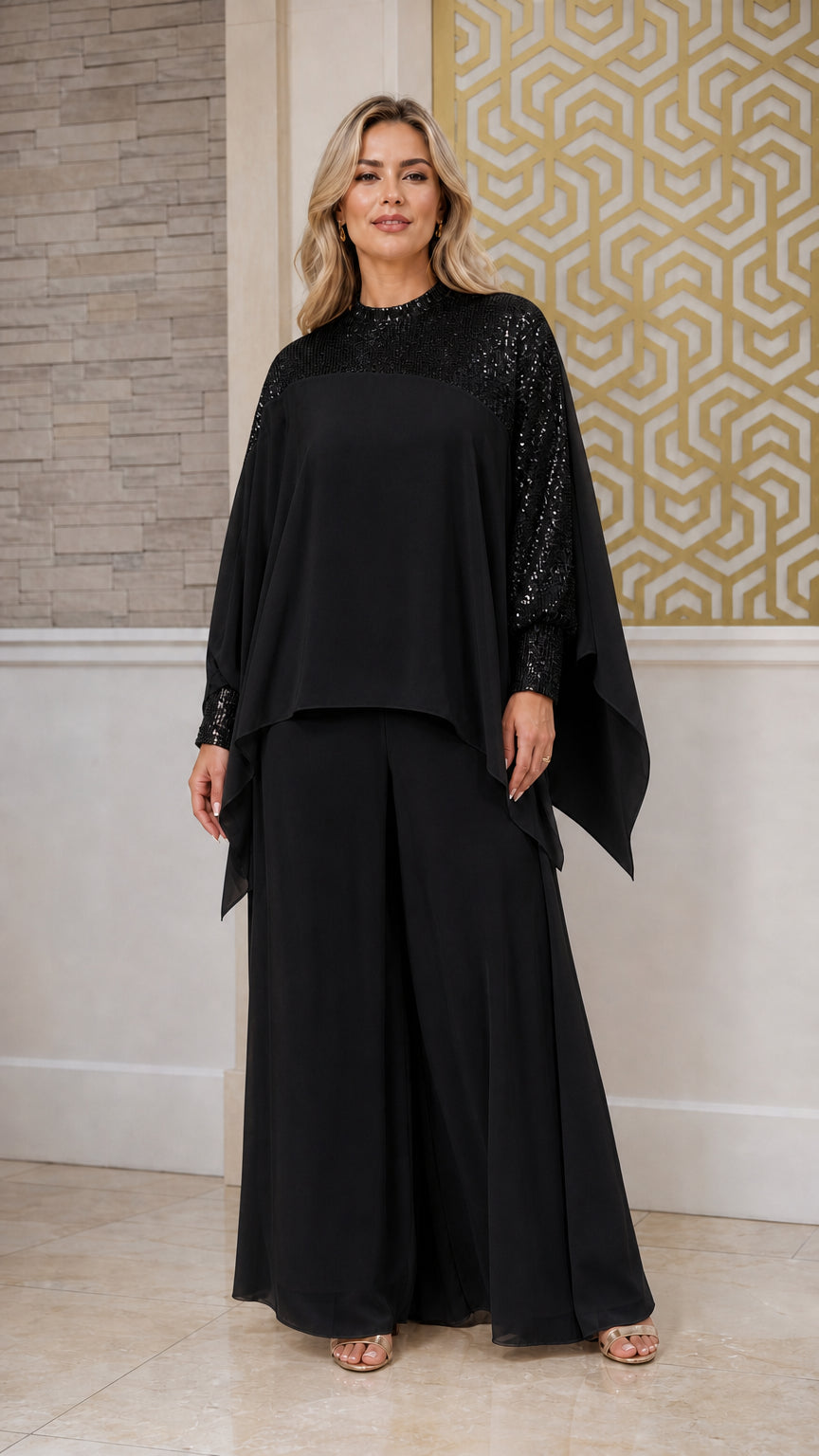 Full front view of black sequin cape overlay formal pant set