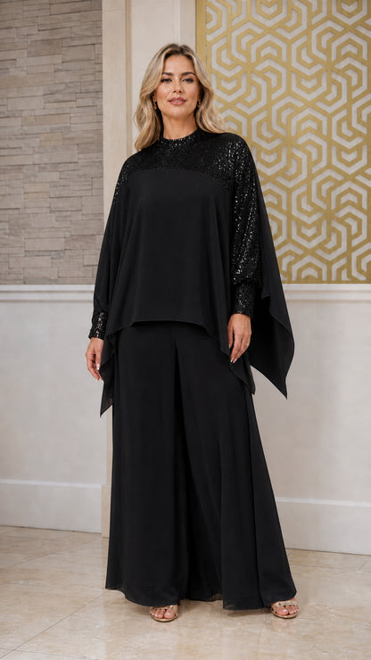 Full front view of black sequin cape overlay formal pant set