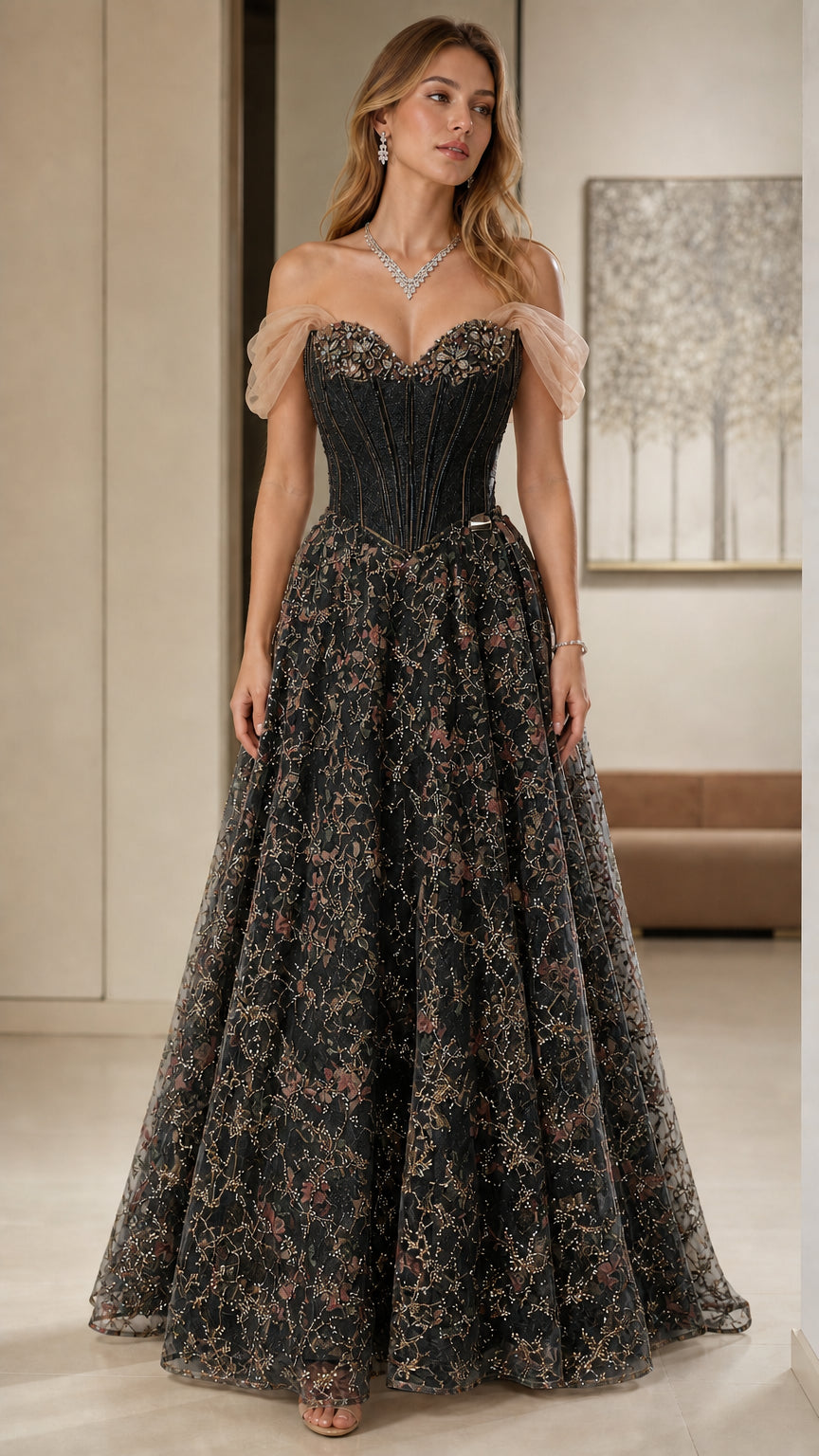 Black off-the-shoulder glitter lace corset formal evening gown