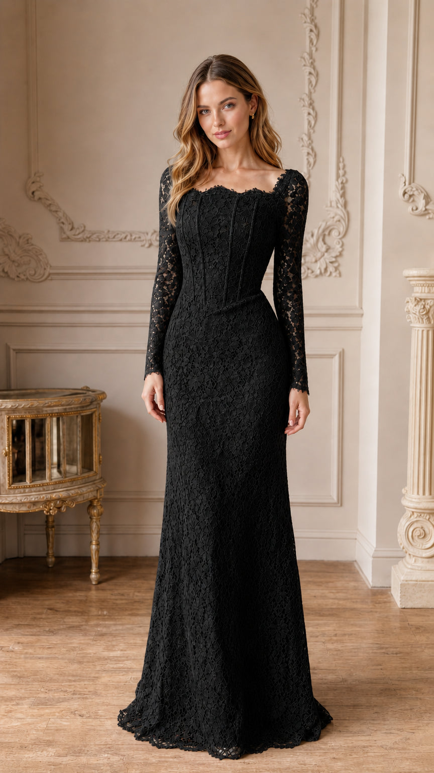 Front view of black long sleeve lace corset floor-length evening gown