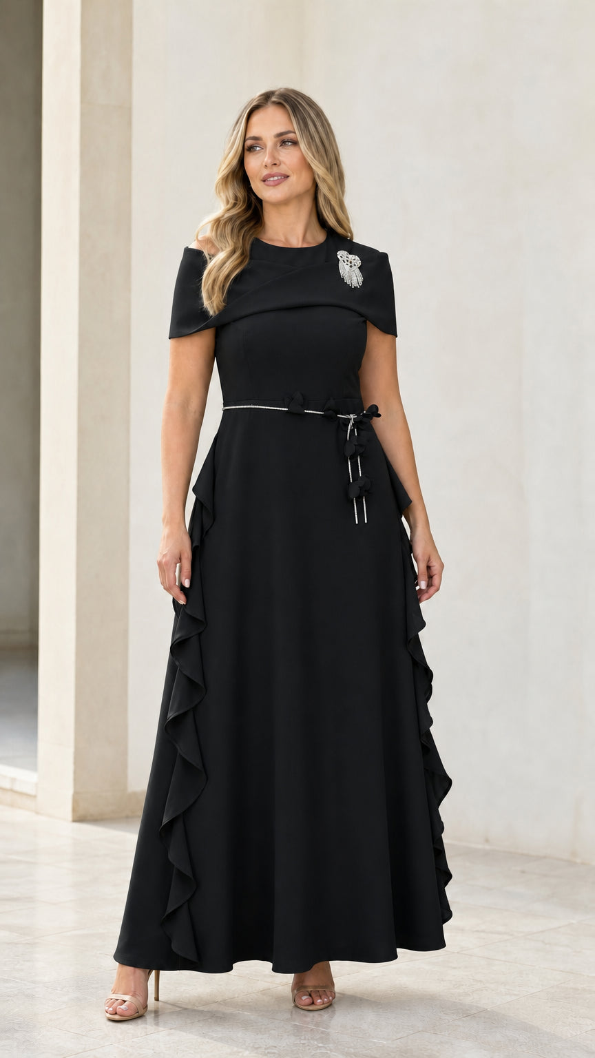 Classic black draped neckline ruffle trim evening maxi dress