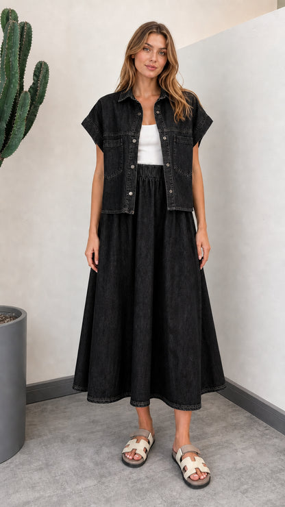 Washed Black short sleeve denim shirt and matching midi skirt set