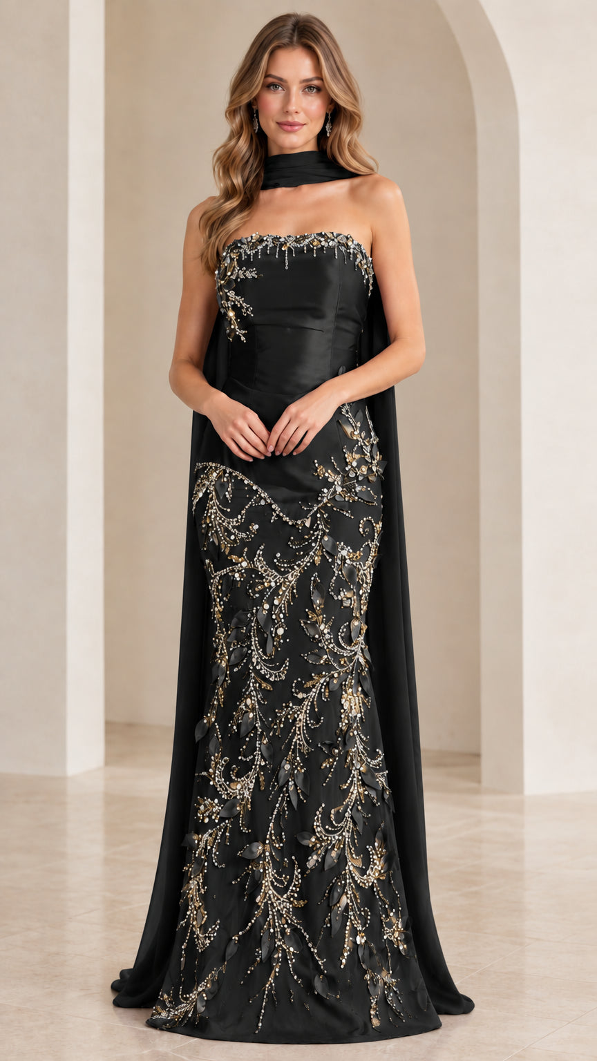 Full-length front view of strapless beaded mermaid evening gown in black