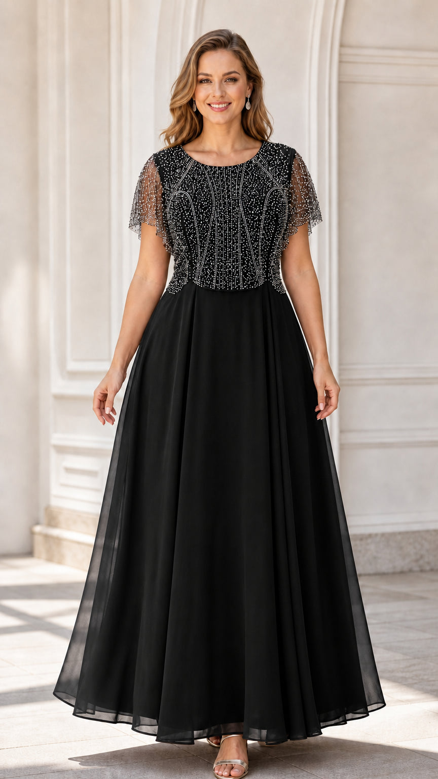 Front view of model wearing black flutter sleeve beaded chiffon evening maxi dress