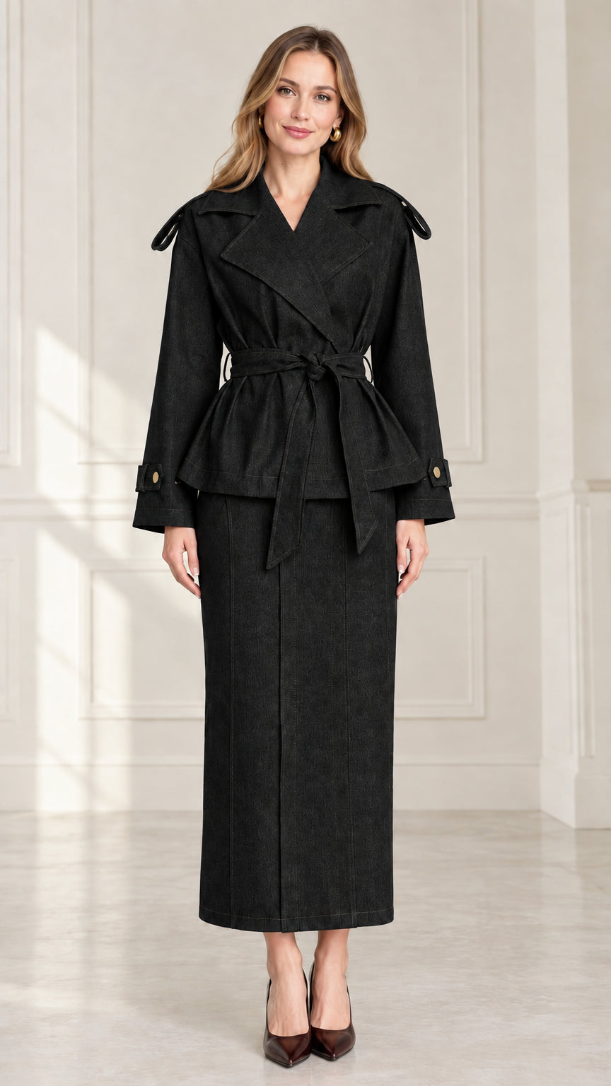 Front full-length view of women's black belted trench jacket and maxi skirt two-piece set