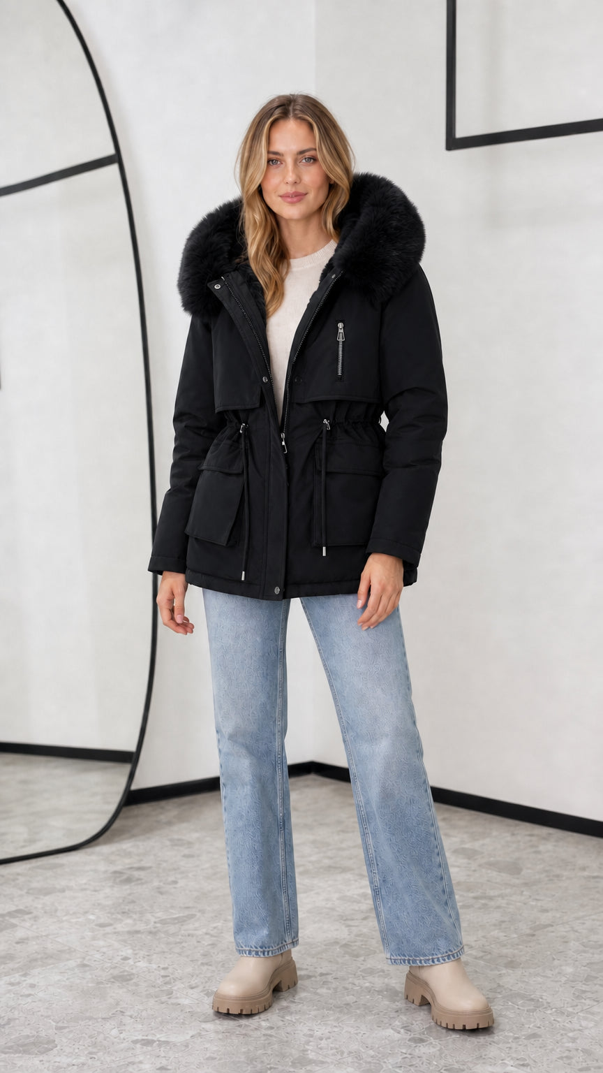 Women's black hooded fleece-lined parka jacket with faux fur trim