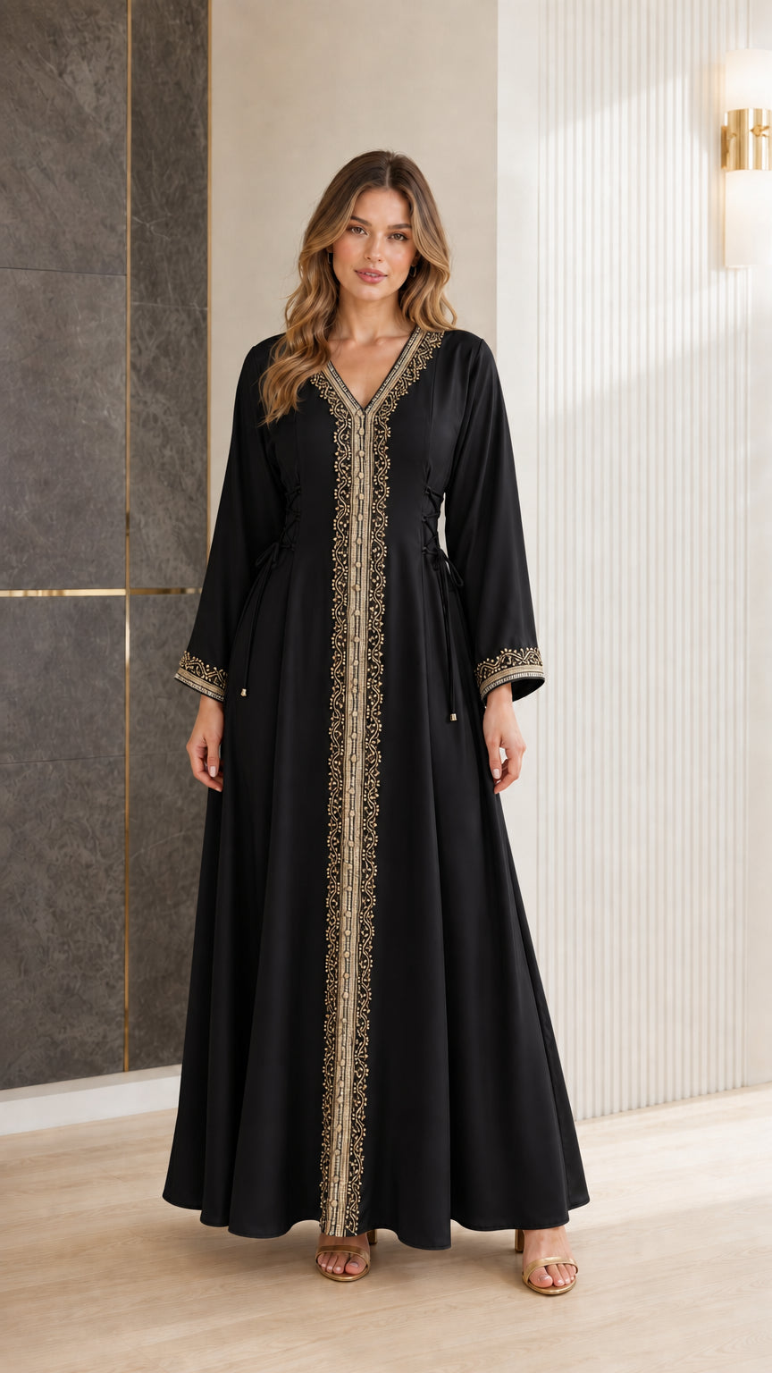 Black embroidered kaftan maxi dress front view on model