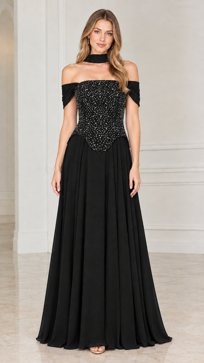 Black off-the-shoulder beaded bodice maxi evening gown with matching choker