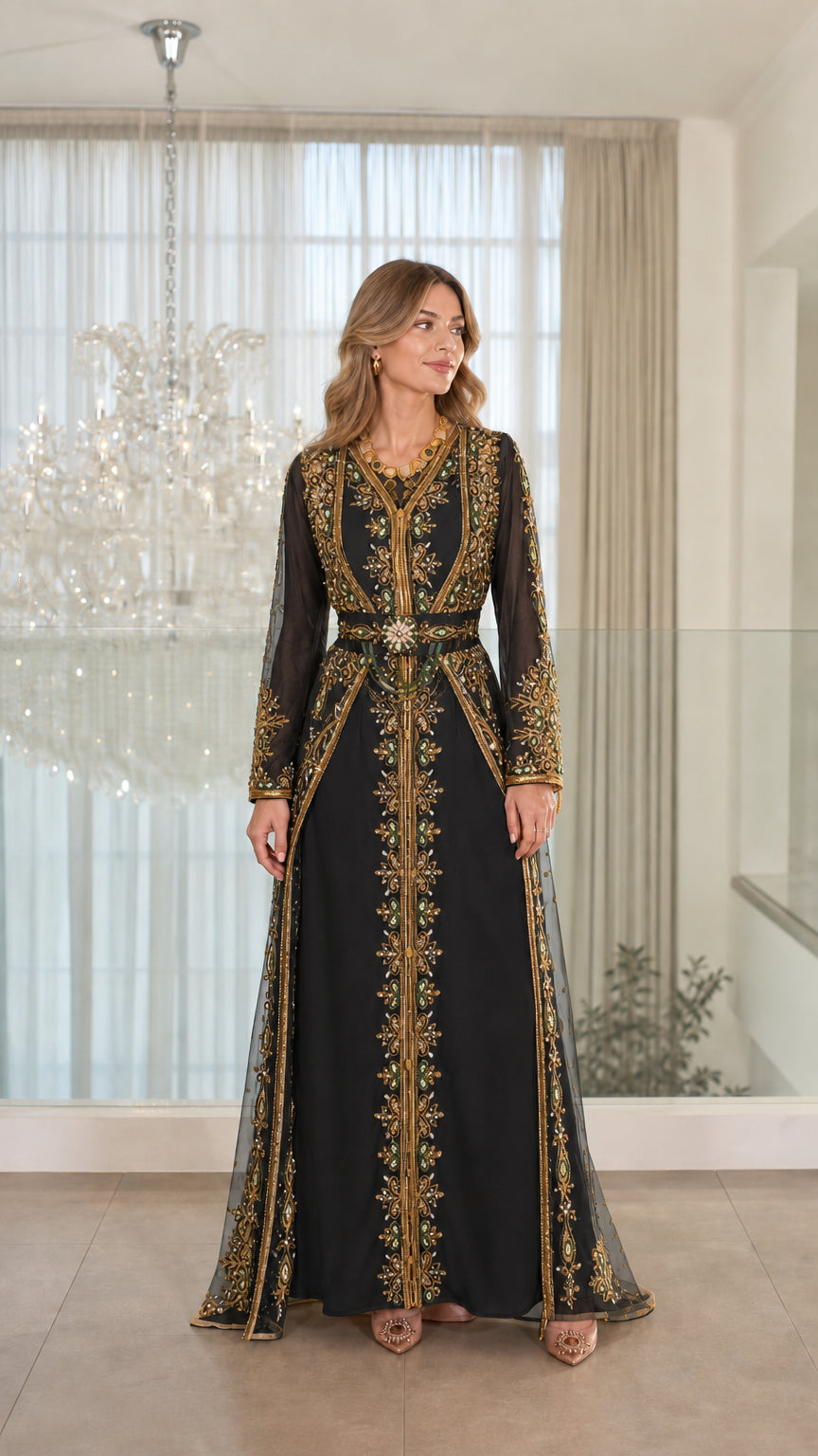 Front view of black Moroccan kaftan maxi dress with gold embroidery and waist belt