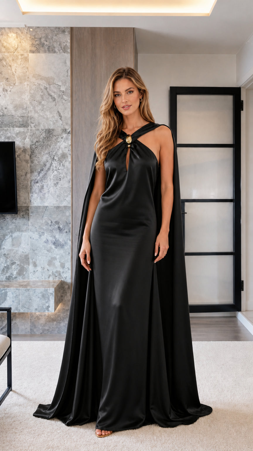 Full length view of black satin cape evening gown