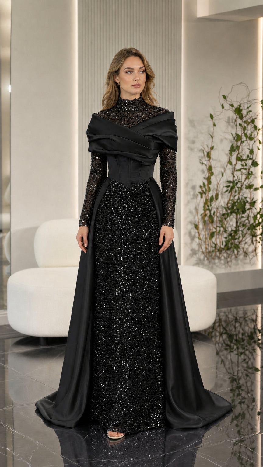 Black high neck long sleeve sequin evening gown with draped satin overskirt