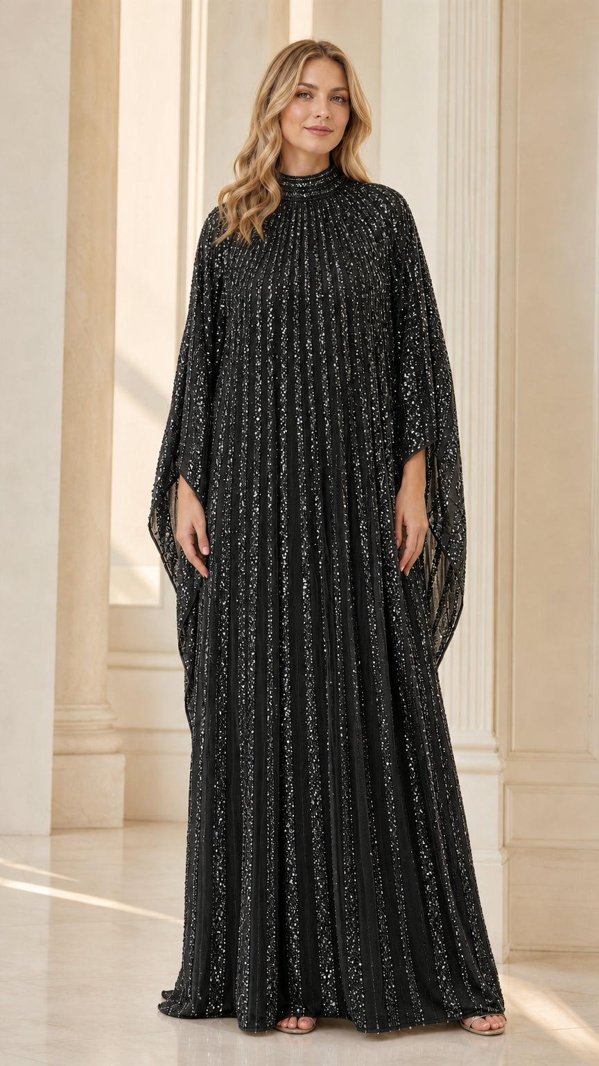 Black sequin pleated high-neck cape kaftan evening maxi gown