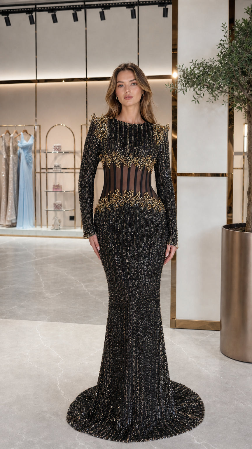 Front view of Black long sleeve sequin gown with illusion corset waist