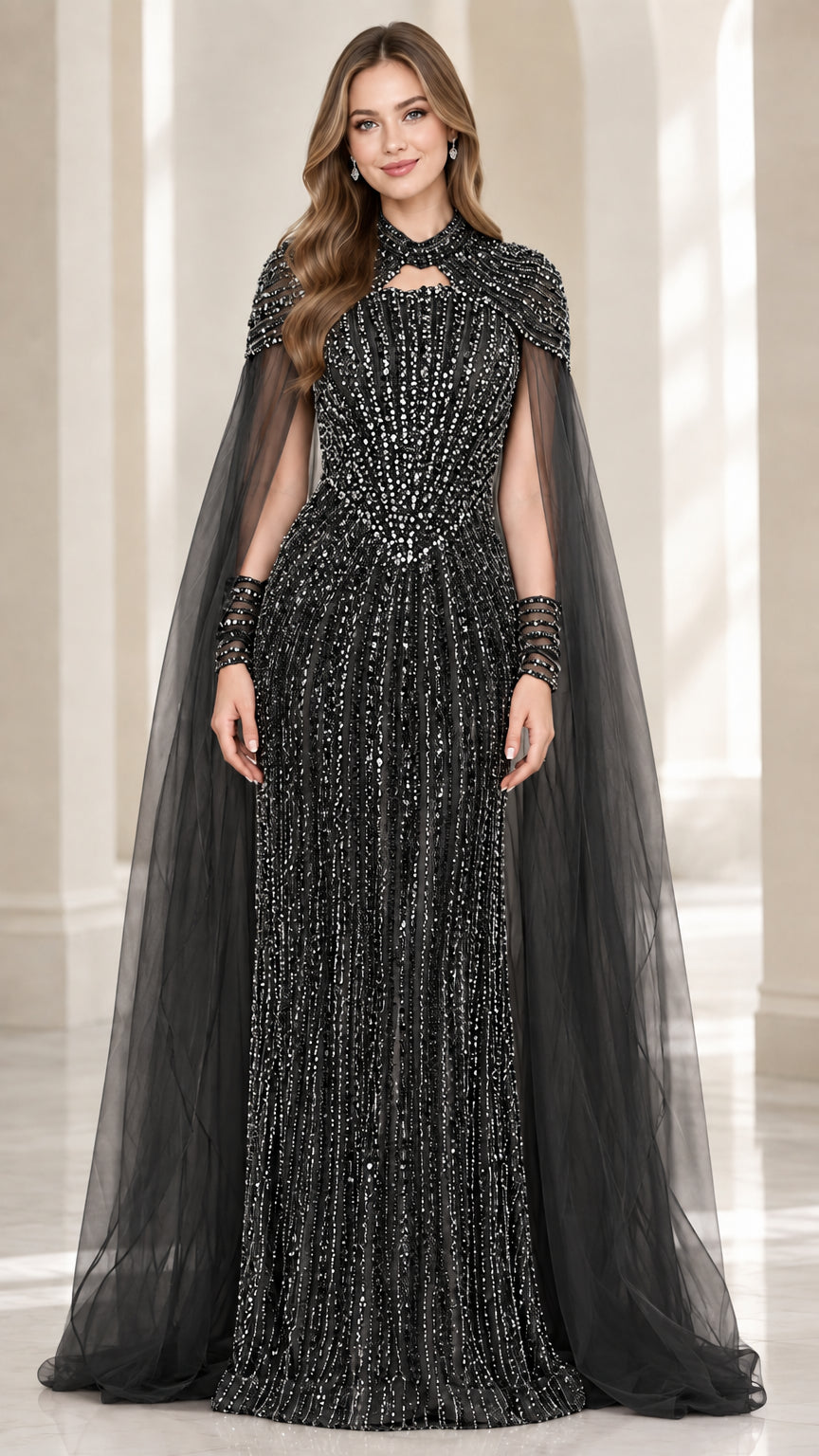Front view of black beaded cape evening gown