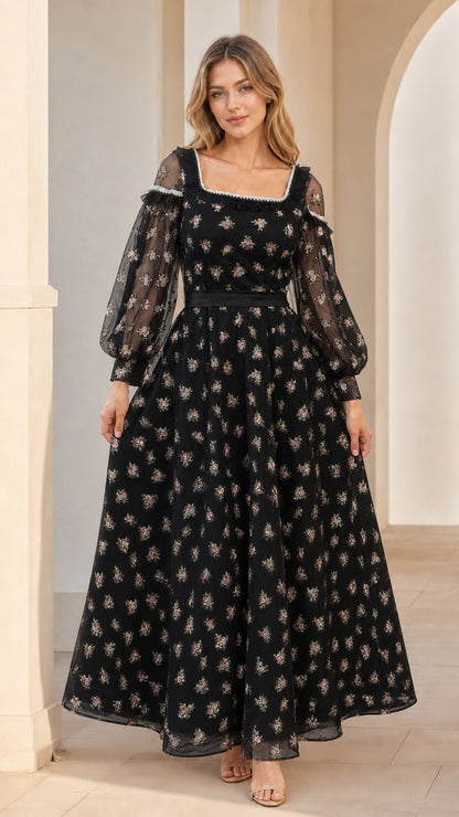 Model wearing black floral embroidered square neck maxi dress