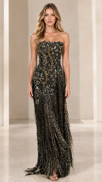 Full-length front view of strapless black beaded fringe formal gown