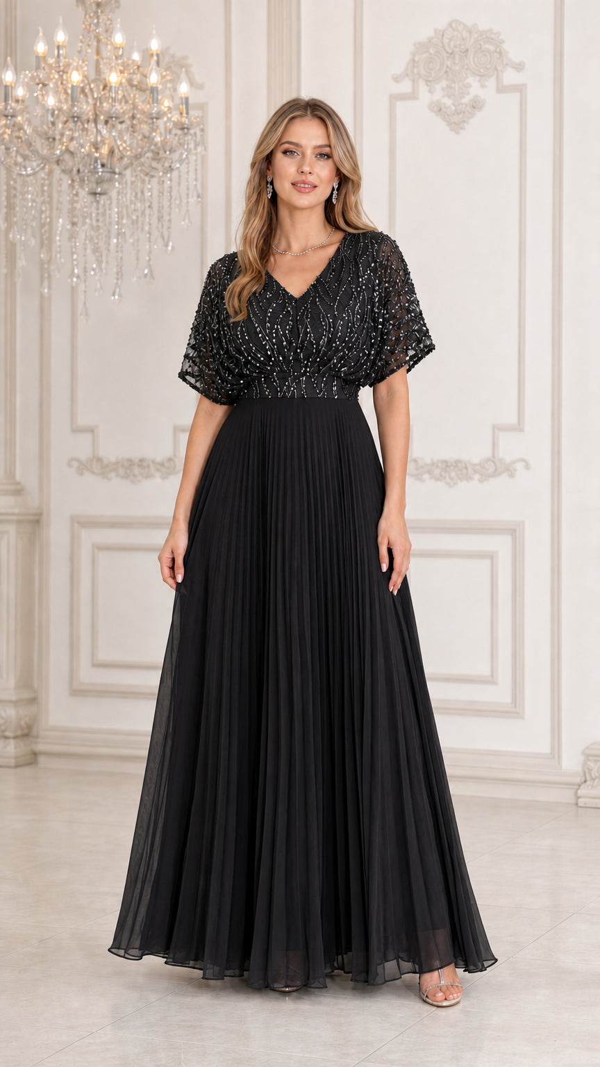 Black sequin flutter sleeve pleated evening maxi dress
