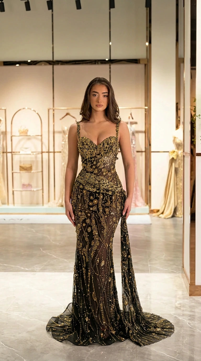 Black and gold embellished sweetheart mermaid formal evening gown