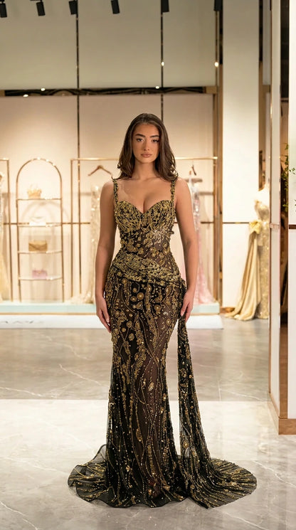 Black and gold embellished sweetheart mermaid formal evening gown