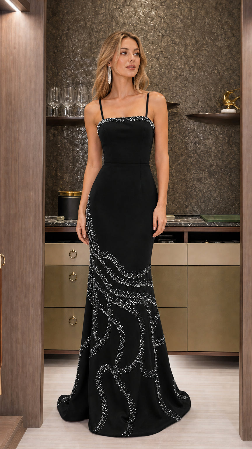 Front view of the evening gown in classic black with silver crystal embellishments