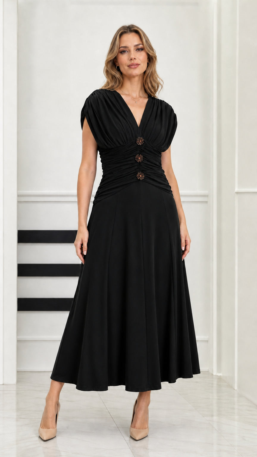 Front full-length view of model wearing classic black ruched waist V-neck midi dress