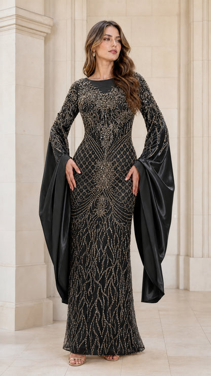 Black beaded sequin evening gown with flowing satin cape sleeves