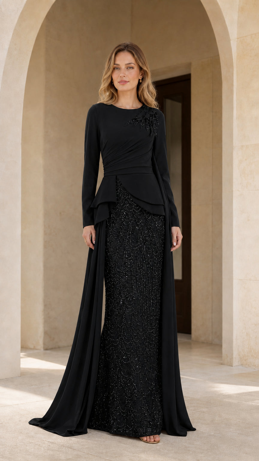 Black long sleeve peplum evening gown with shimmering column skirt