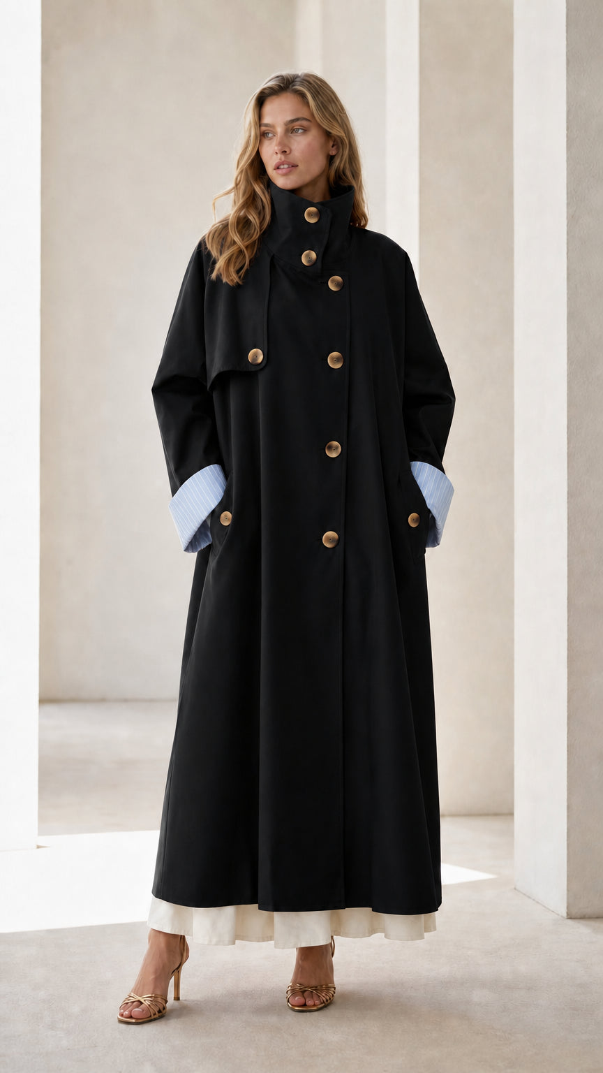 Full-body view of woman wearing a black long trench coat