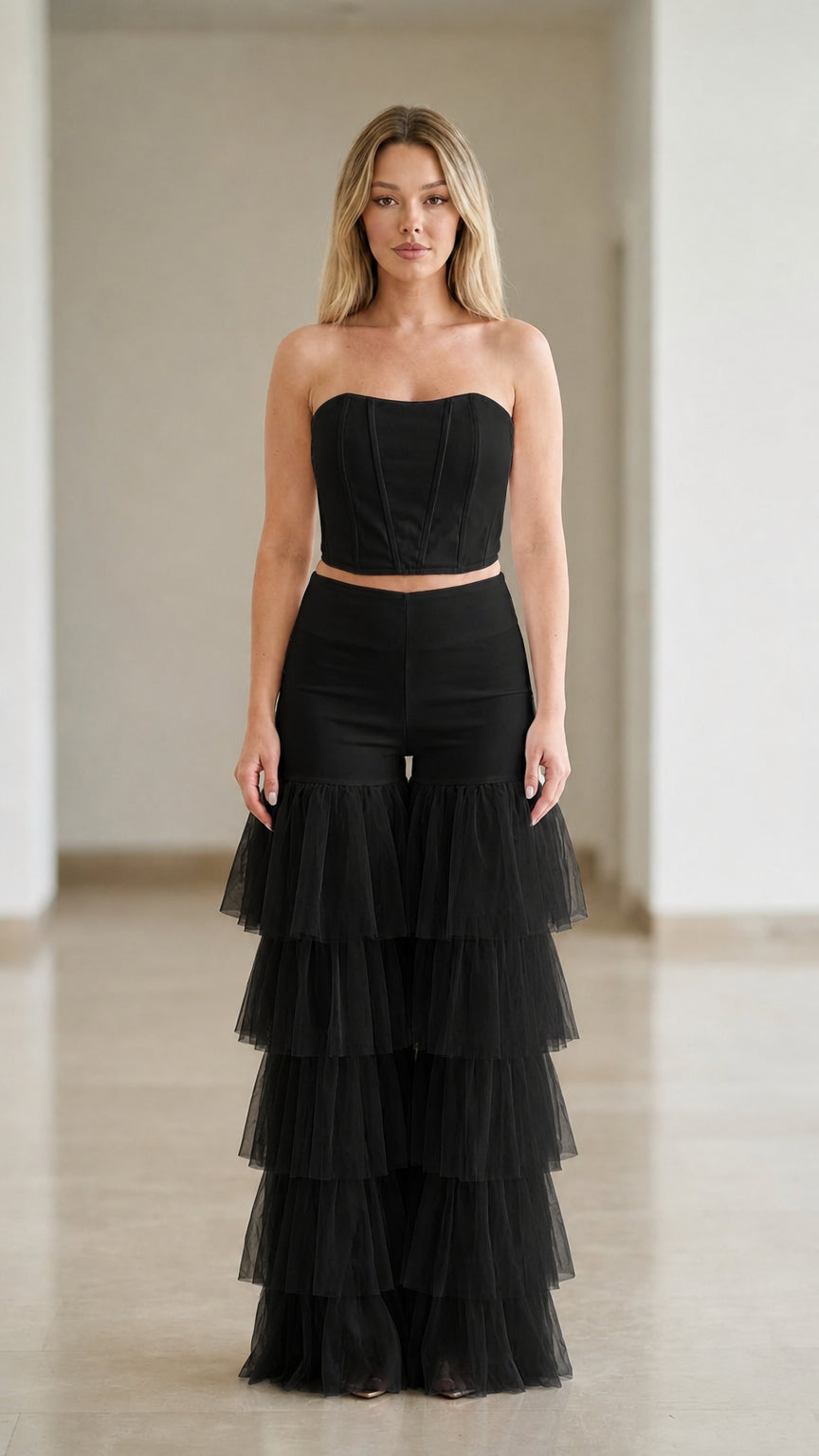 Black strapless corset crop top and multi-tier tulle ruffle flare pants set