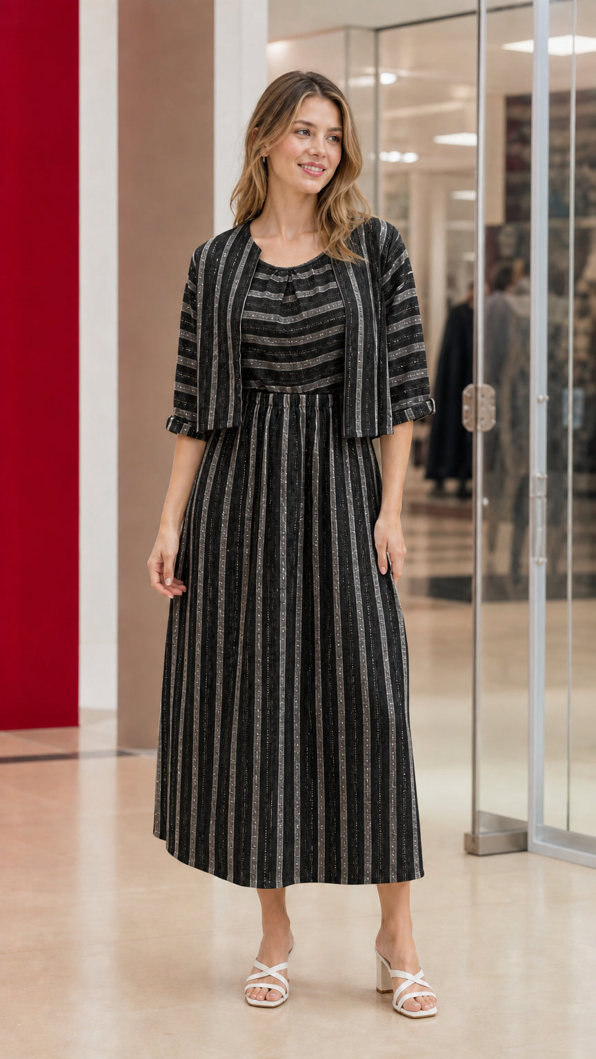 Woman wearing black and grey striped two-piece maxi dress set
