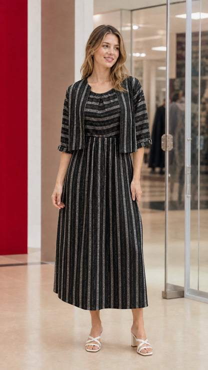 Woman wearing black and grey striped two-piece maxi dress set