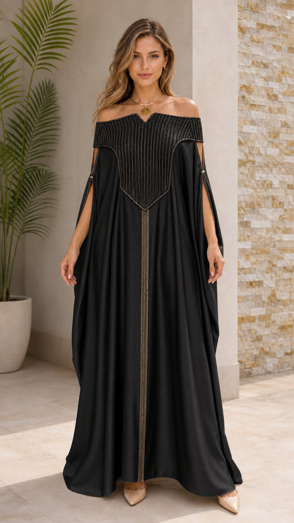 Black off-the-shoulder pleated kaftan maxi dress front view