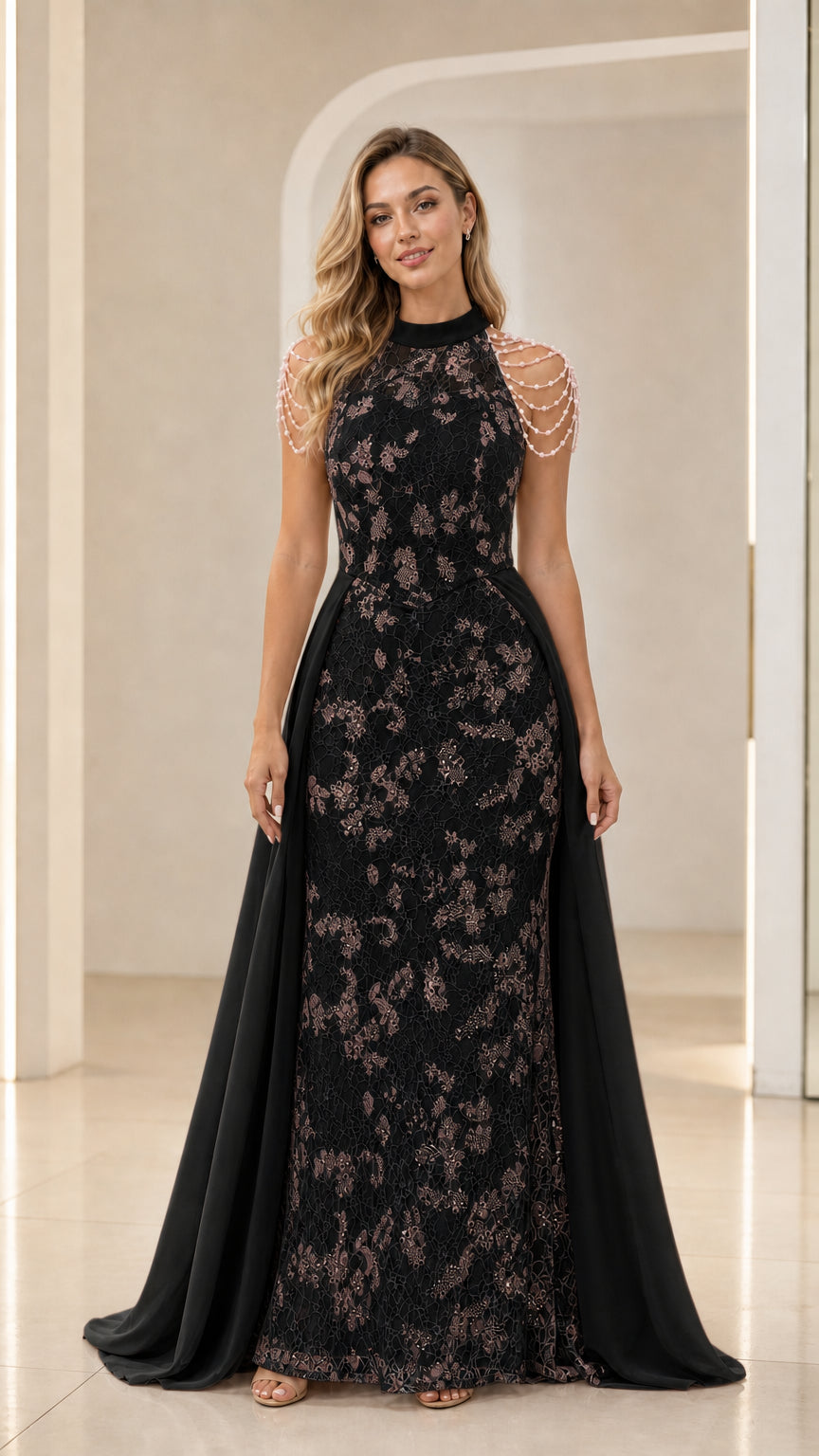 Black high neck beaded lace evening gown with attached chiffon overskirt