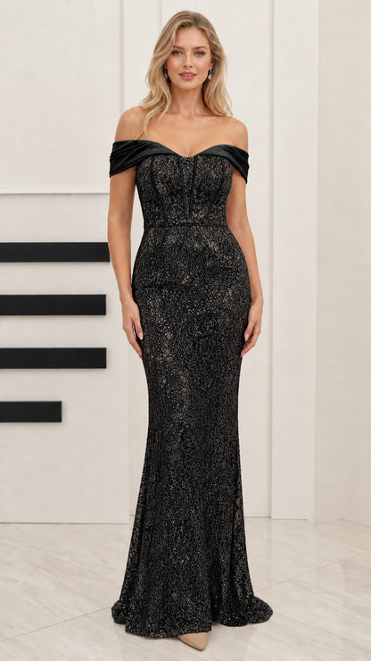 Front full-length view of black off-the-shoulder sequin lace formal gown