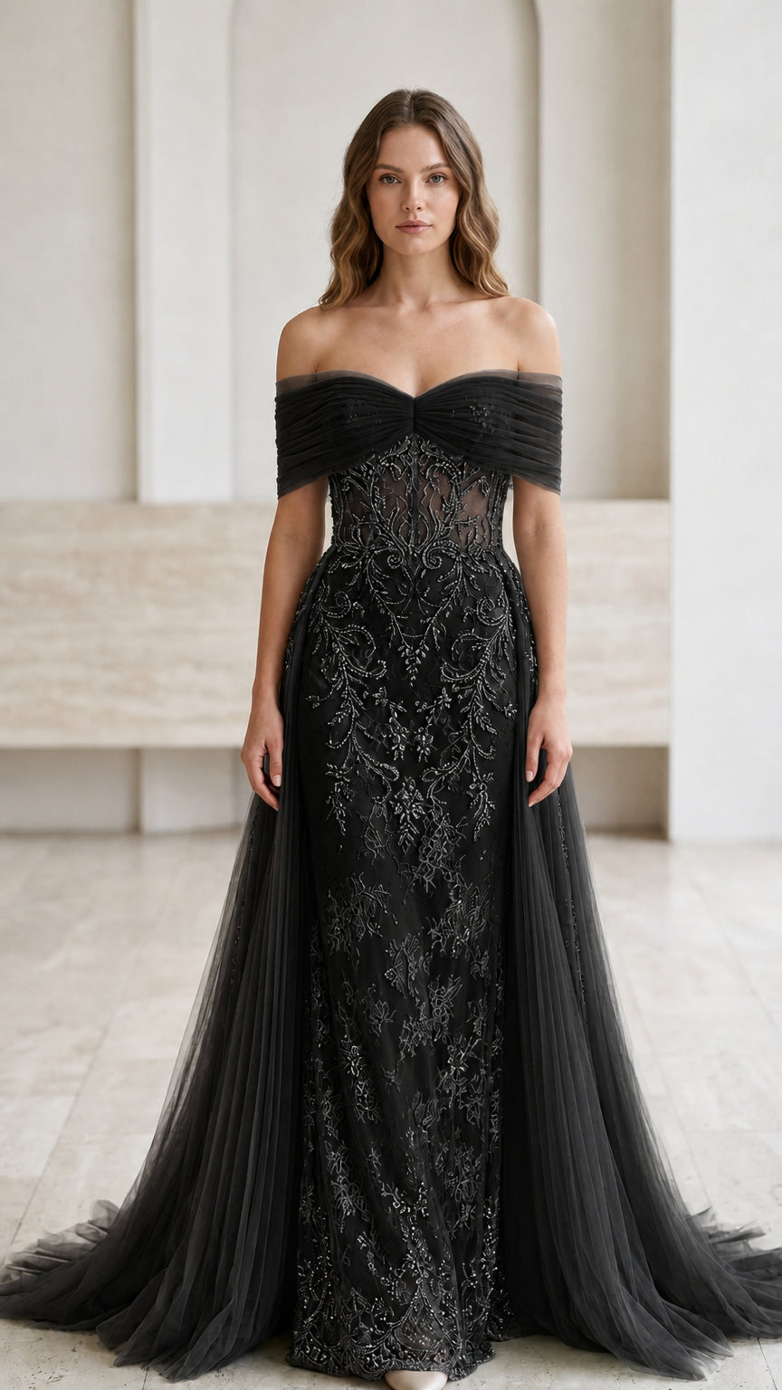 Black off-the-shoulder beaded corset evening gown with sheer tulle overskirt