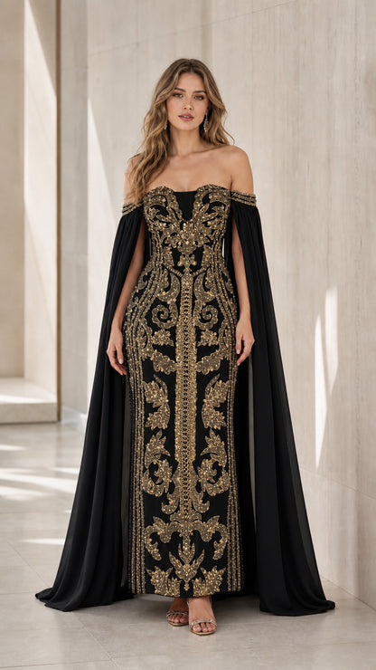 Black off-the-shoulder evening gown with rich gold filigree embroidery and cape sleeves