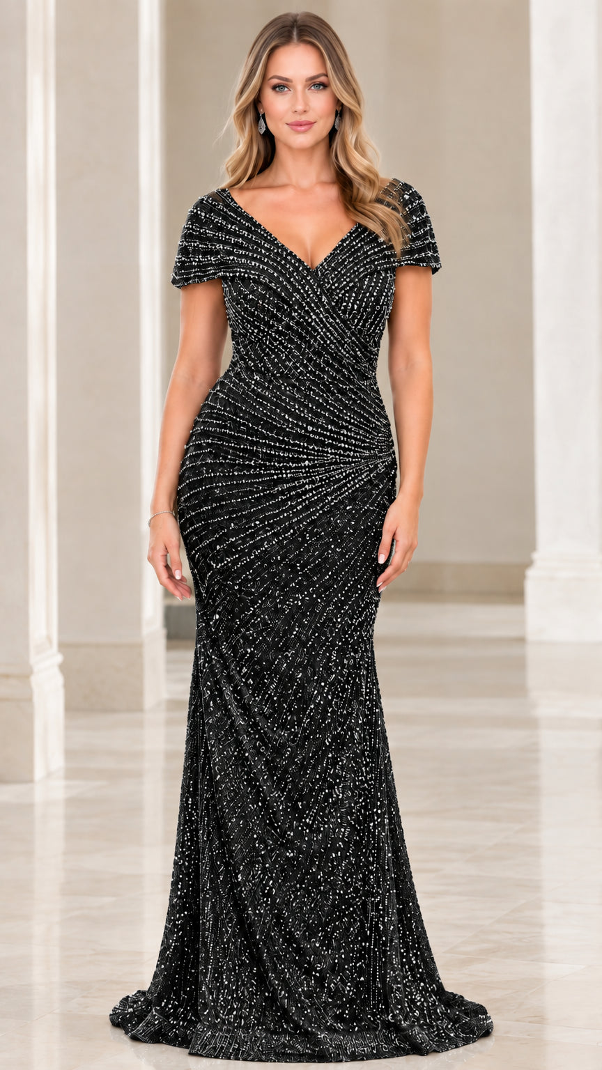 Front view of model wearing the black sequined mermaid evening gown