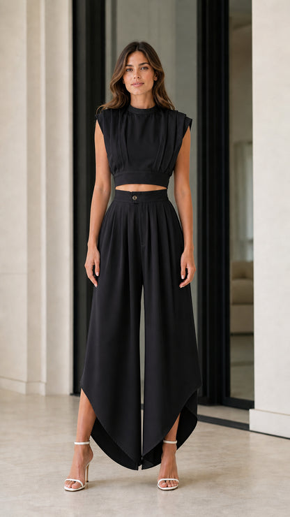 Black pleated sleeveless crop top and wide-leg trousers two-piece set