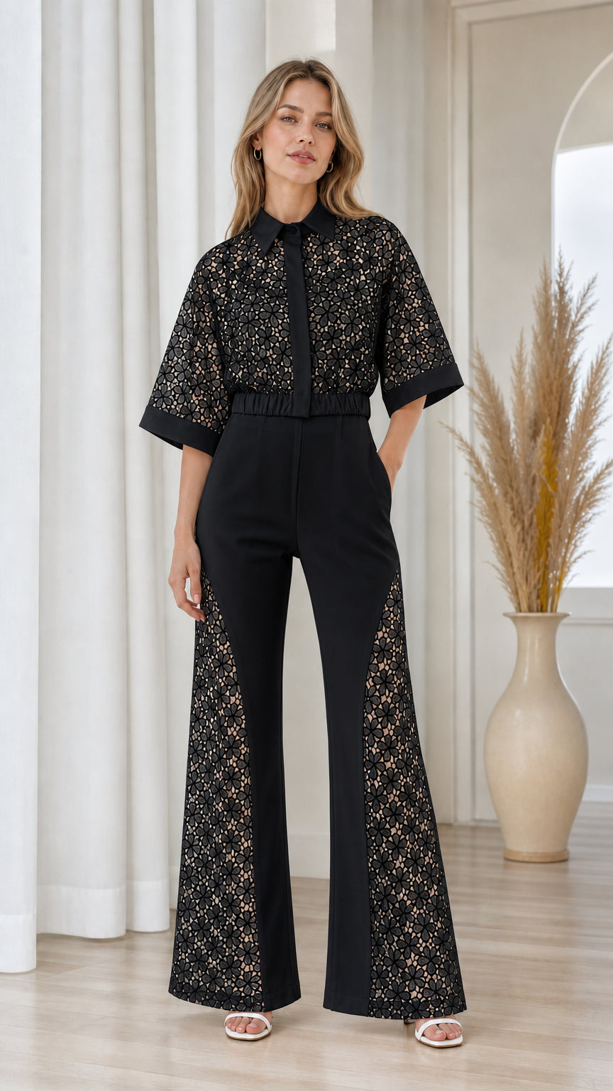 Model wearing black collared lace wide-leg jumpsuit