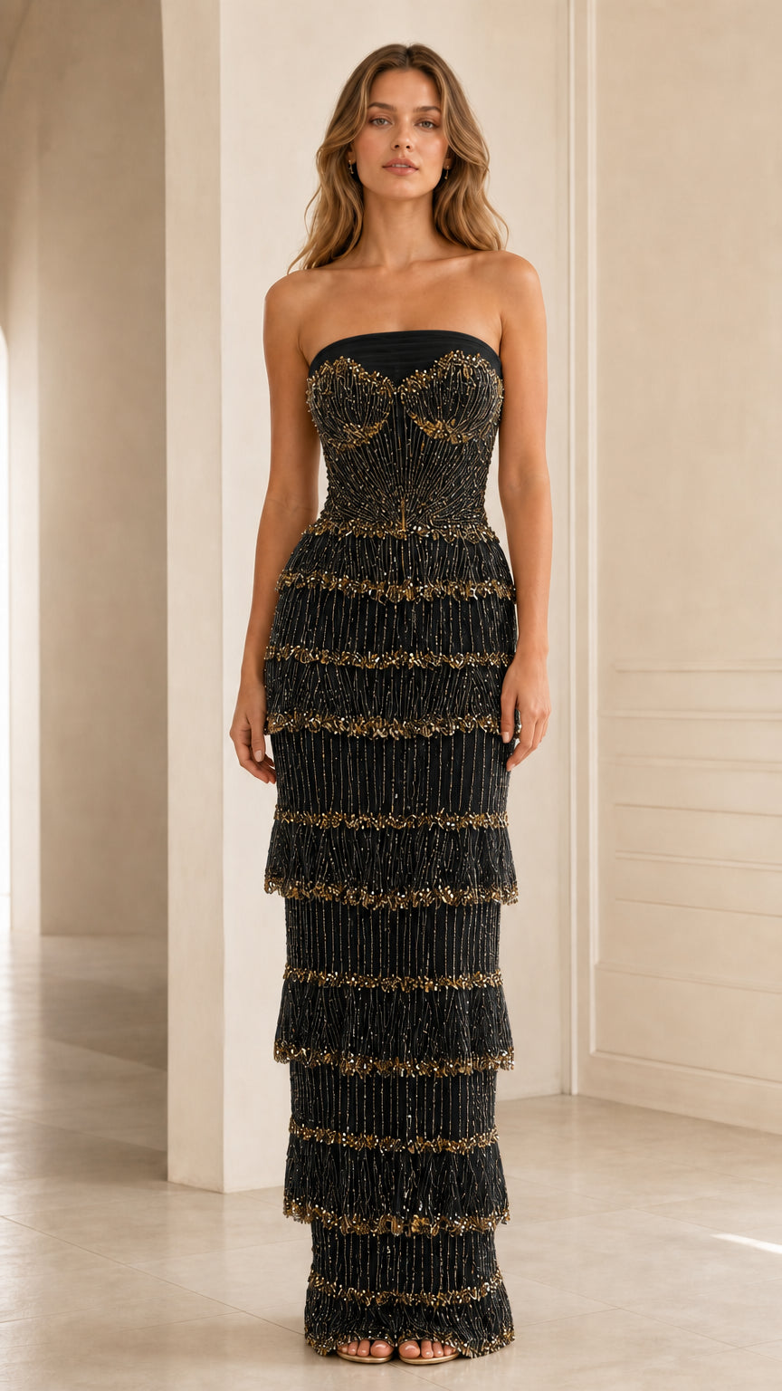 Front view of model in Black strapless beaded tiered fringe maxi gown