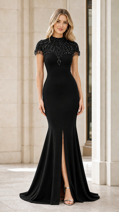 Black Beaded Cap Sleeve Mermaid Evening Dress front view