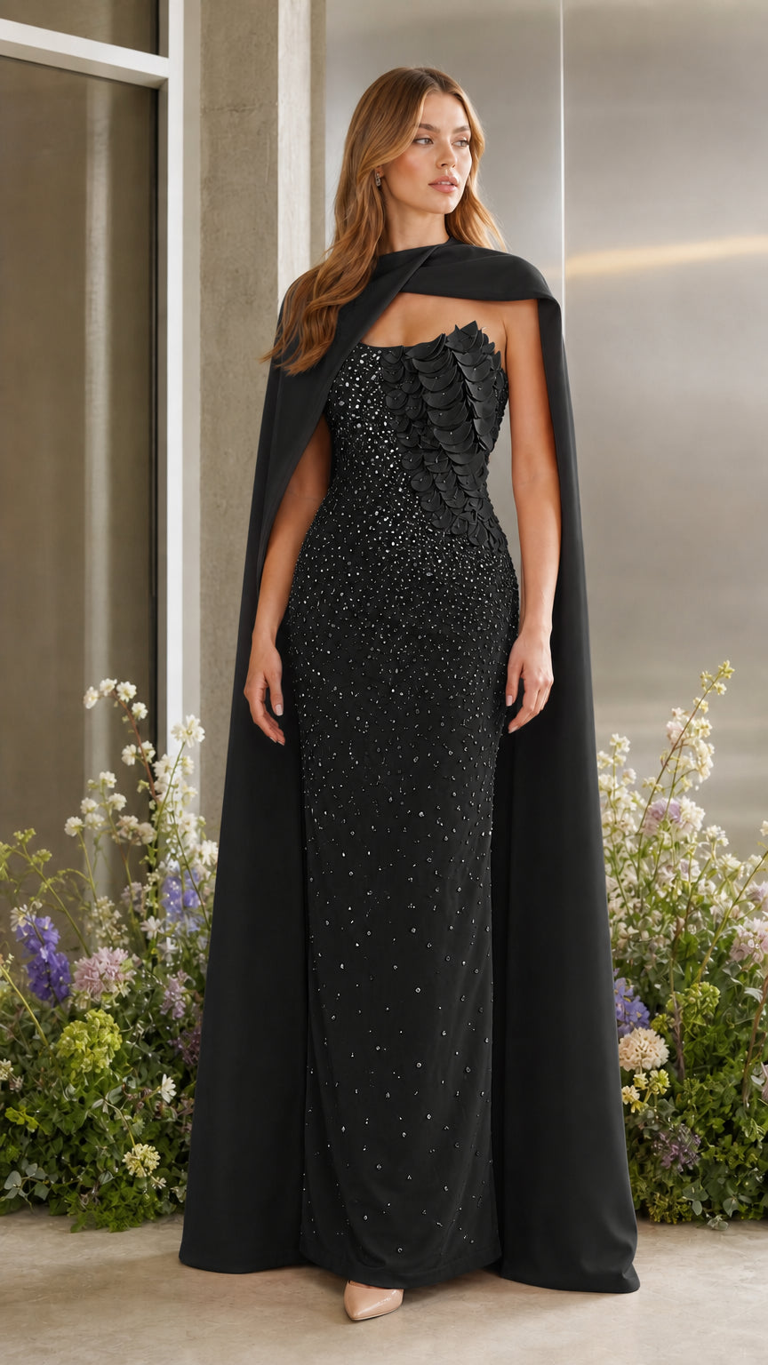 Classic black formal evening gown with draped cape overlay and sequin detail