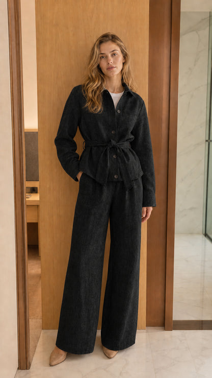 Front view of model wearing classic black belted shirt jacket and wide-leg pants set