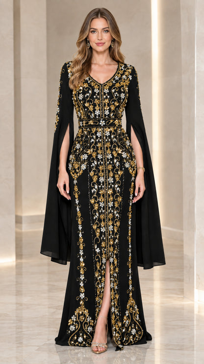 Model wearing black embroidered cape sleeve evening gown