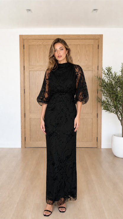 Black high neck embellished mesh maxi dress