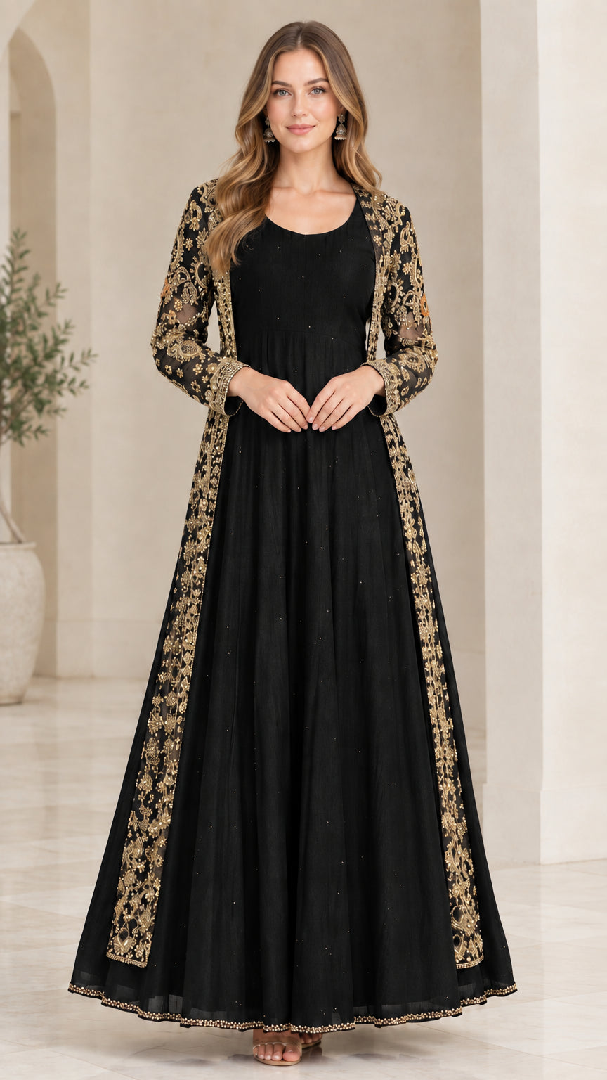 Black embroidered longline jacket and matching maxi dress set