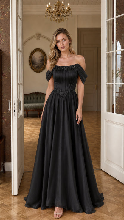 Black off-the-shoulder beaded formal gown front view